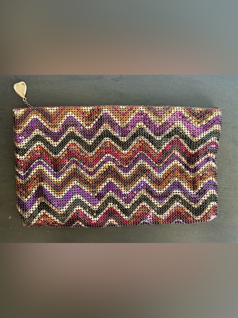 WHITING AND DAVIS Vintage Metallic Mesh Chevron Zigzag Zipper Pouch Clutch Purse